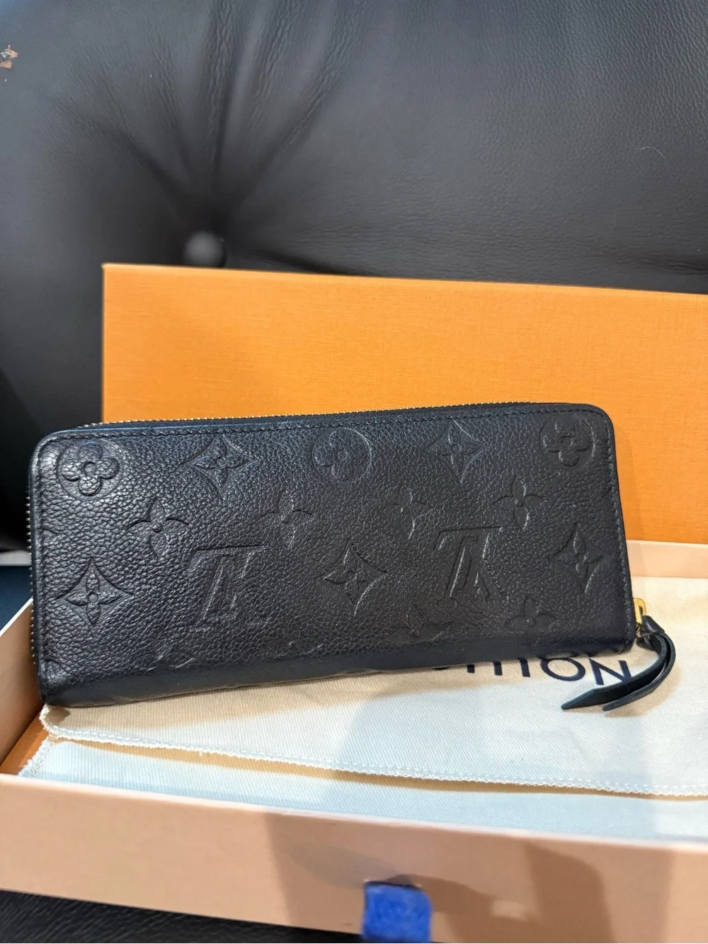 Louis Vuitton Clémence Black Monogram Zip Wallet in Embossed Leather With Box